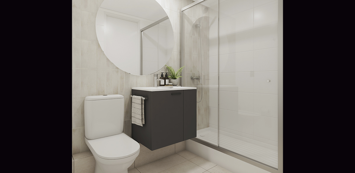 Baño principal con receptáculo y mampara de cristal templado