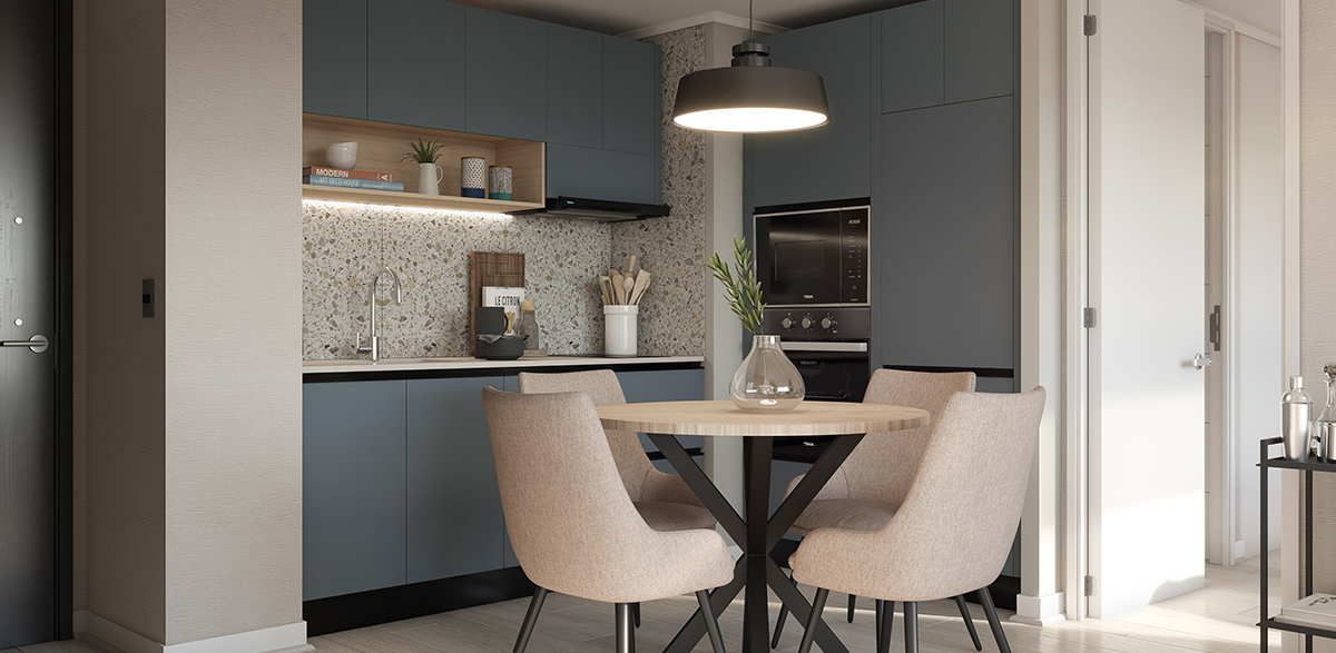 Cocina amoblada y equipada con suite de electrodomésticos y refrigerador panelable