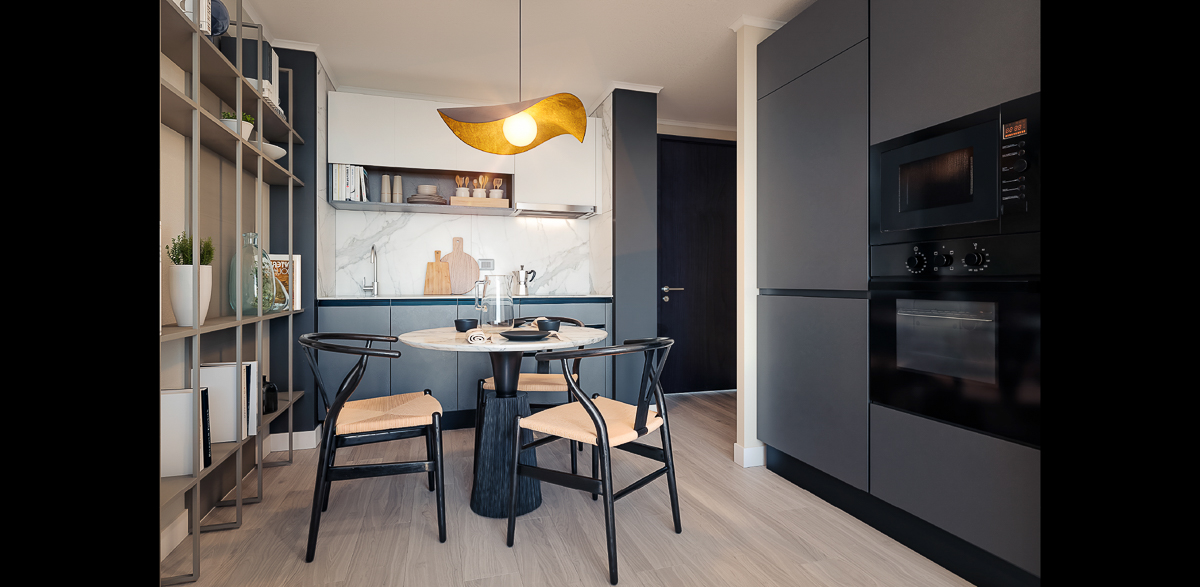 Moderna suite de electrodomésticos incorporada y refrigerador panelable