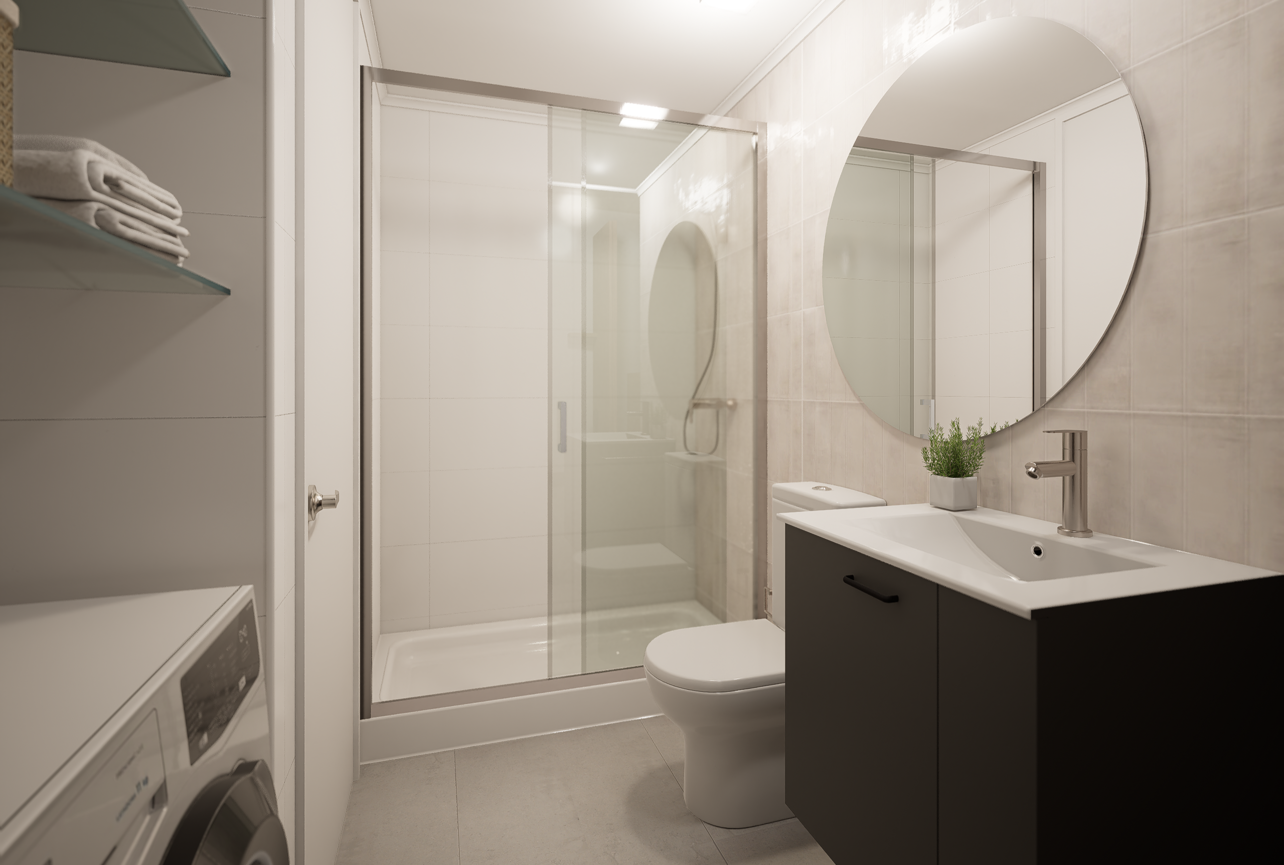 Baño principal con mampara de cristal templado